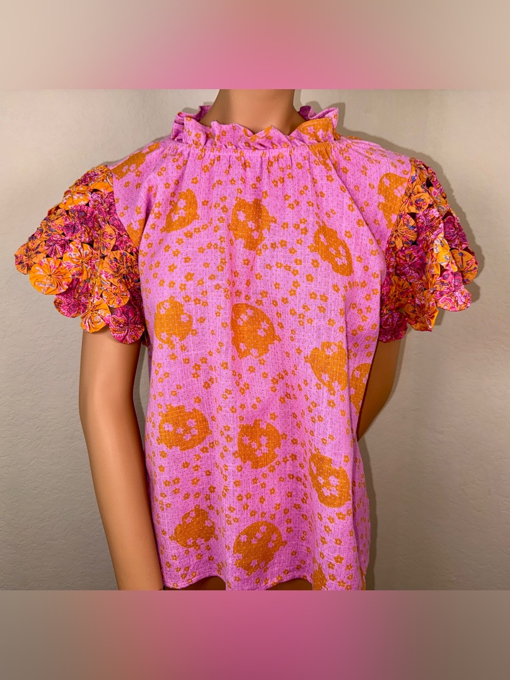 THML Pink Orange Floral Pleated Yoke Top 3D Sleeve Blouse Size S